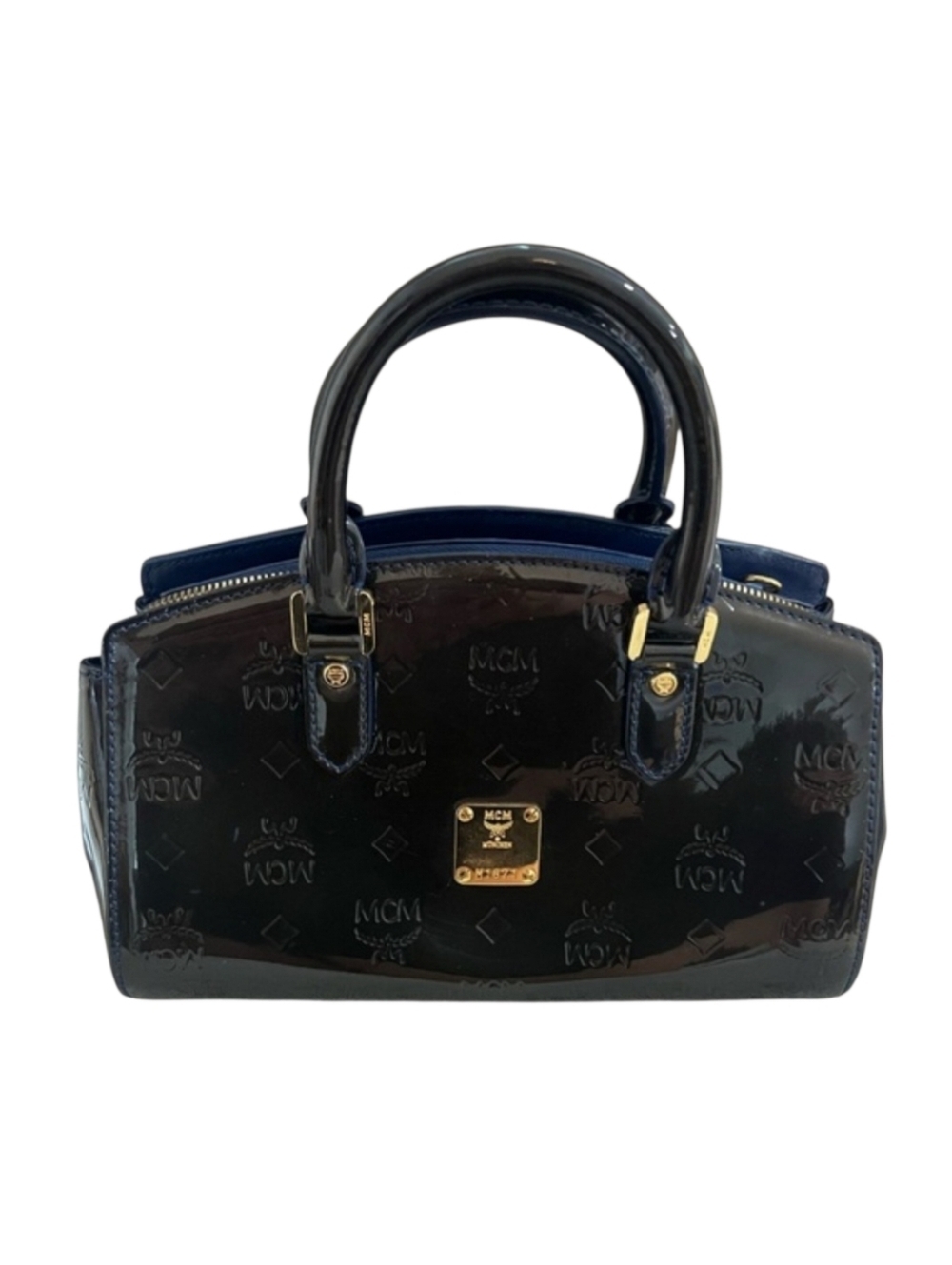 MCM Mini Boston Dark Green Navy Patent Leather Satchel Mini Handbag